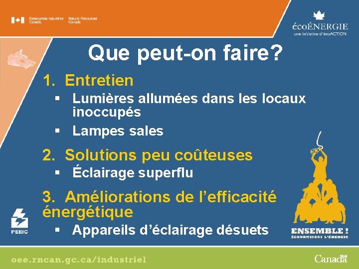 Que peut-on faire? 1. Entretien § Lumières allumées dans les locaux inoccupés § Lampes