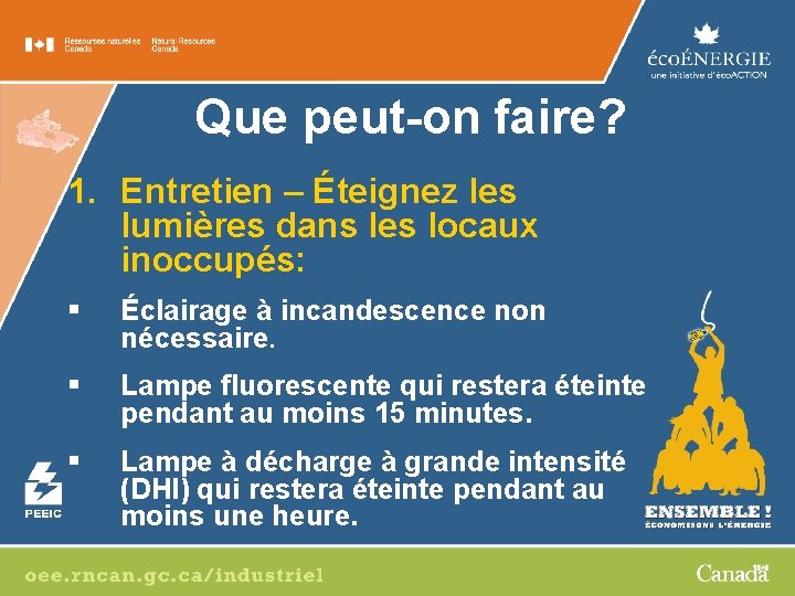 Que peut-on faire? 1. Entretien – Éteignez les lumières dans les locaux inoccupés: §