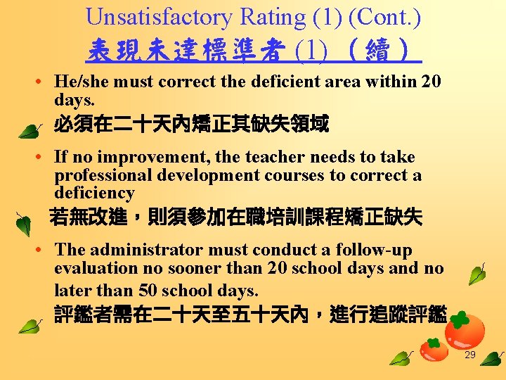 Unsatisfactory Rating (1) (Cont. ) 表現未達標準者 (1) （續） • He/she must correct the deficient