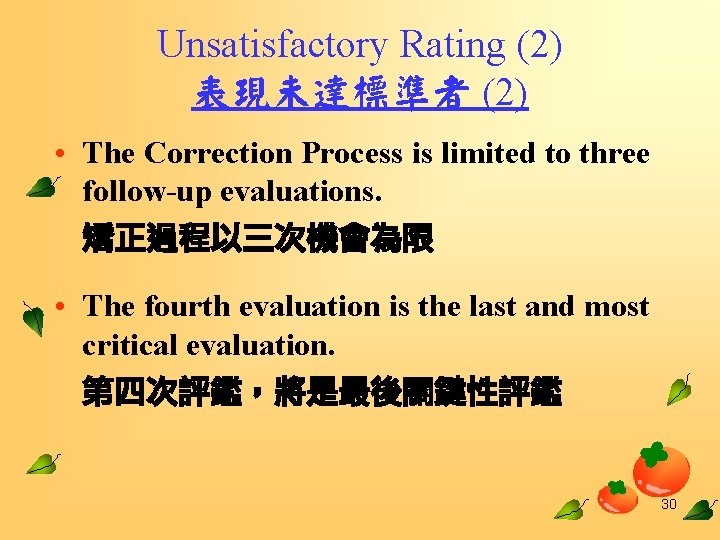 Unsatisfactory Rating (2) 表現未達標準者 (2) • The Correction Process is limited to three follow-up
