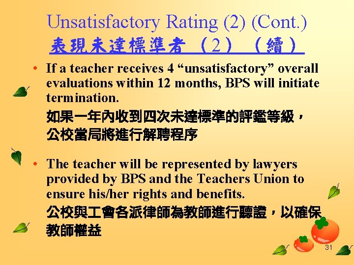 Unsatisfactory Rating (2) (Cont. ) 表現未達標準者 （2） （續） • If a teacher receives 4