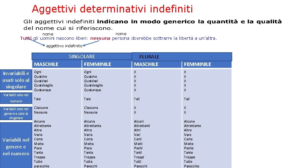 Aggettivi determinativi indefiniti nome Tutti gli uomini nascono liberi: nessuna persona dovrebbe sottrarre la