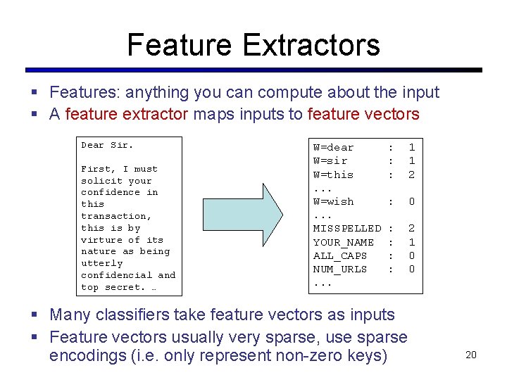 Feature Extractors § Features: anything you can compute about the input § A feature