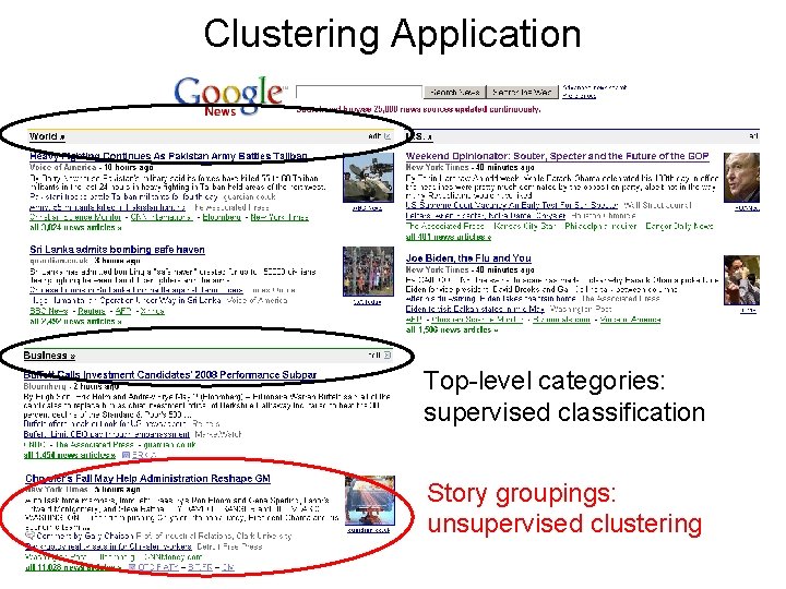 Clustering Application Top-level categories: supervised classification Story groupings: unsupervised clustering 37 