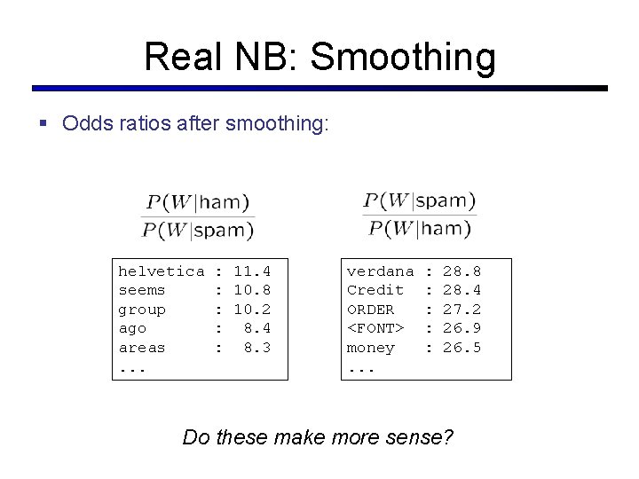 Real NB: Smoothing § Odds ratios after smoothing: helvetica seems group ago areas. .