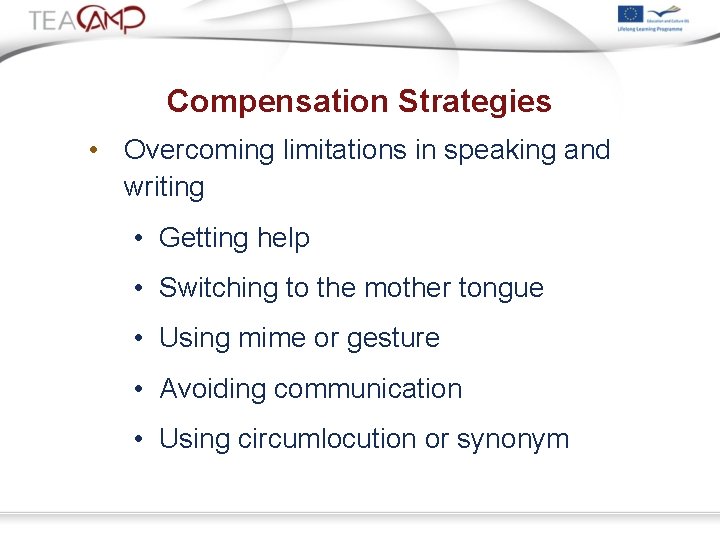 Compensation Strategies • Overcoming limitations in speaking and writing • Getting help • Switching