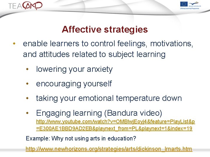 Affective strategies • enable learners to control feelings, motivations, and attitudes related to subject