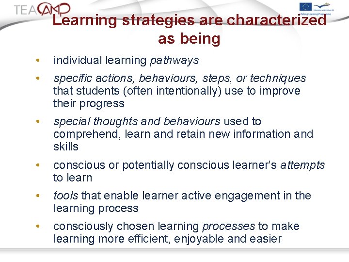 Learning strategies are characterized as being • individual learning pathways • specific actions, behaviours,