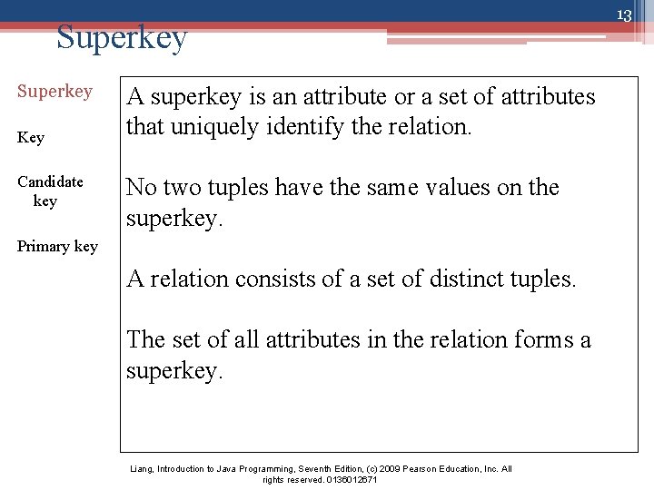 Superkey Key Candidate key A superkey is an attribute or a set of attributes