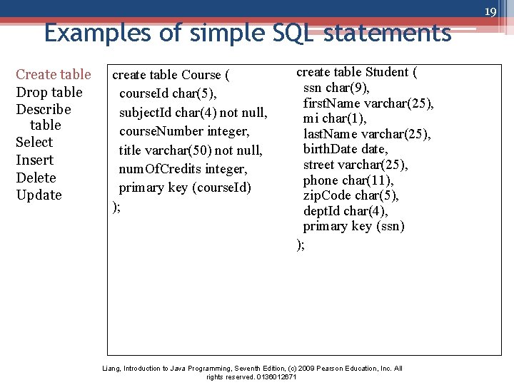 Examples of simple SQL statements Create table Drop table Describe table Select Insert Delete