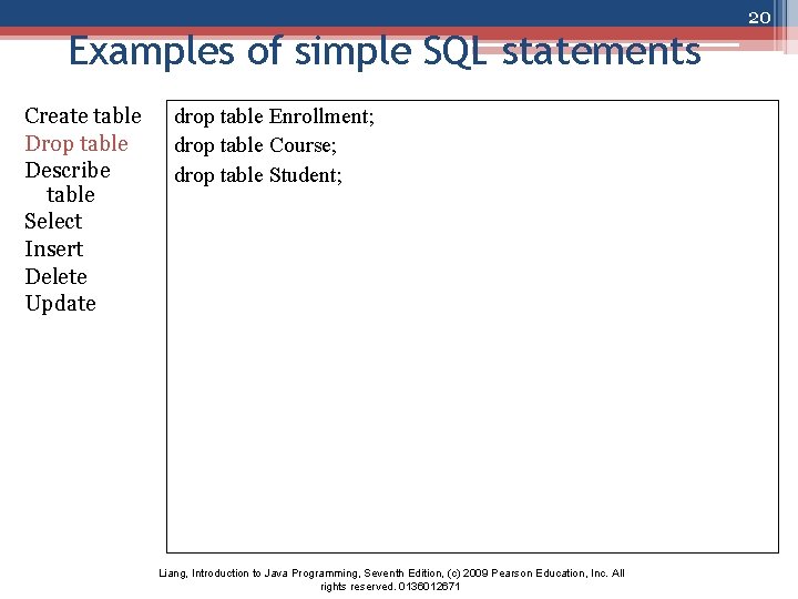 Examples of simple SQL statements Create table Drop table Describe table Select Insert Delete