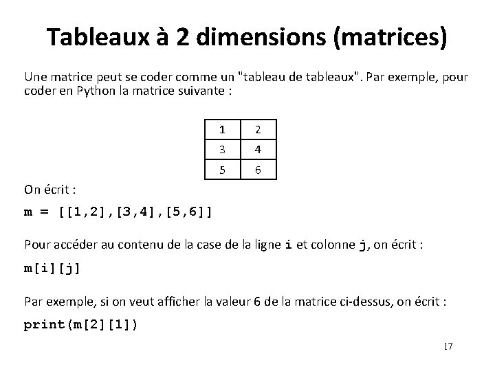 Tableaux à 2 dimensions (matrices) Une matrice peut se coder comme un "tableau de Tableaux à 2 dimensions (matrices) Une matrice peut se coder comme un "tableau de
