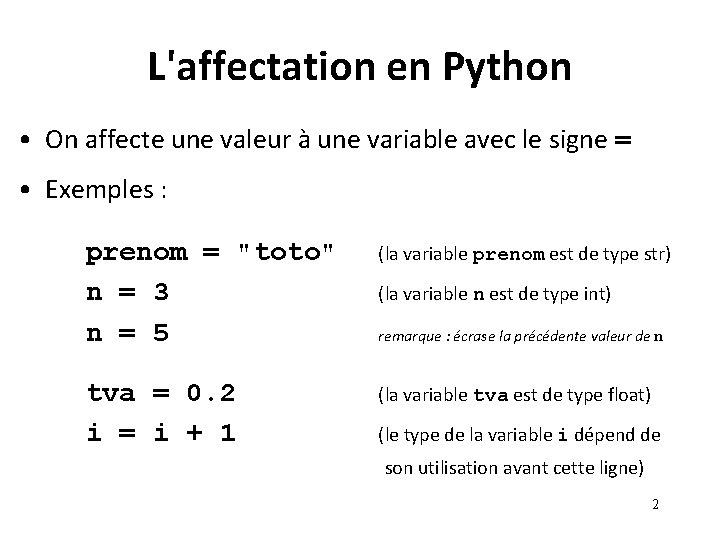 L'affectation en Python • On affecte une valeur à une variable avec le signe L'affectation en Python • On affecte une valeur à une variable avec le signe