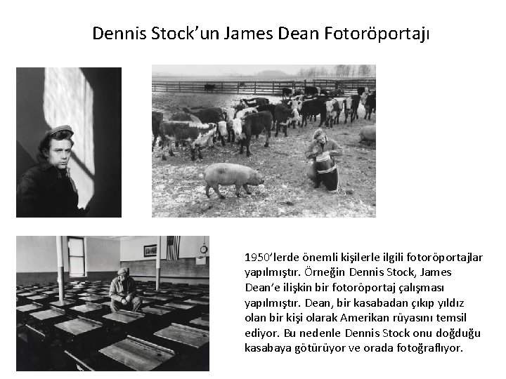 Dennis Stock’un James Dean Fotoröportajı 1950’lerde önemli kişilerle ilgili fotoröportajlar yapılmıştır. Örneğin Dennis Stock,