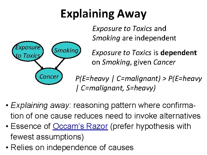 Explaining Away Exposure to Toxics and Smoking are independent Exposure to Toxics Smoking Cancer Explaining Away Exposure to Toxics and Smoking are independent Exposure to Toxics Smoking Cancer