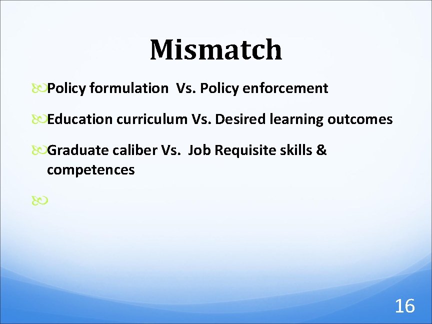 Mismatch Policy formulation Vs. Policy enforcement Education curriculum Vs. Desired learning outcomes Graduate caliber