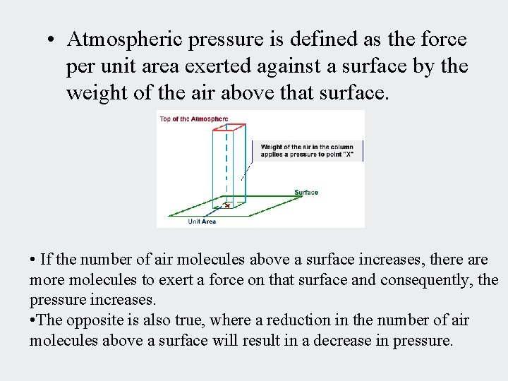  • Atmospheric pressure is defined as the force per unit area exerted against
