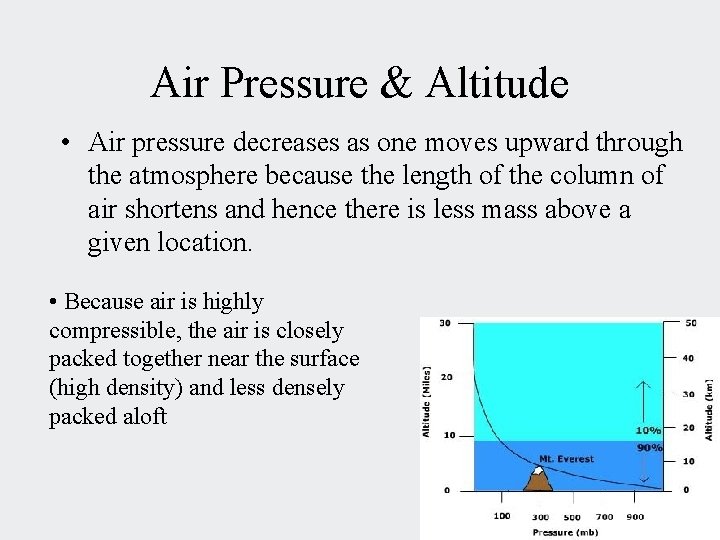 Air Pressure & Altitude • Air pressure decreases as one moves upward through the
