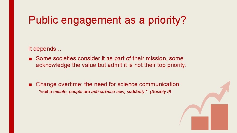 Public engagement as a priority? It depends… ■ Some societies consider it as part