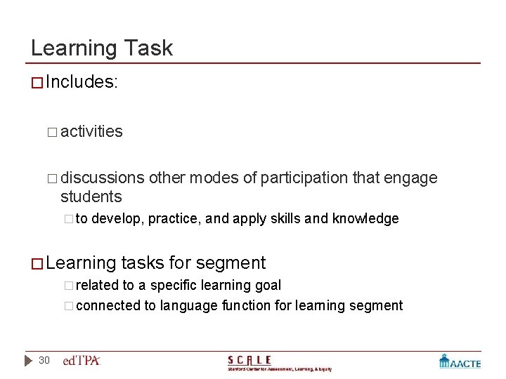 Learning Task � Includes: � activities � discussions other modes of participation that engage