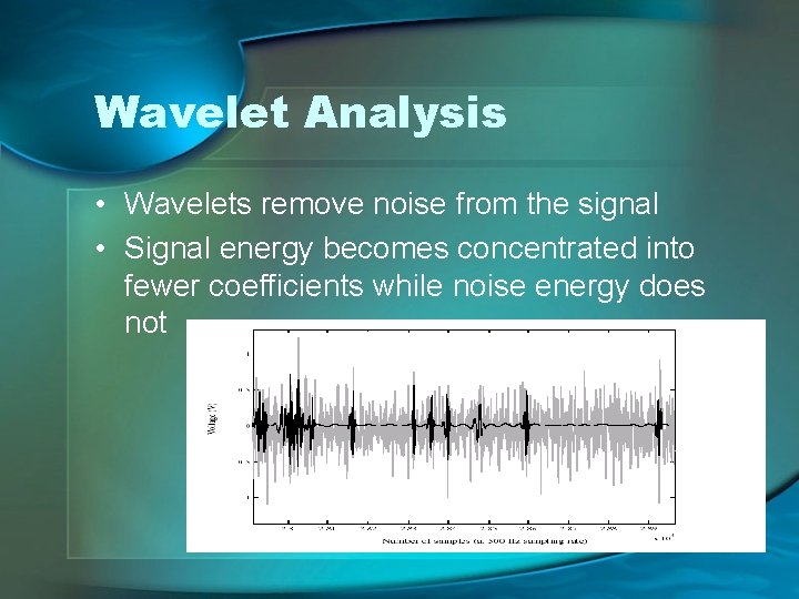Wavelet Analysis • Wavelets remove noise from the signal • Signal energy becomes concentrated