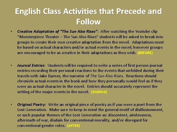 English Class Activities that Precede and Follow • Creative Adaptation of “The Sun Also