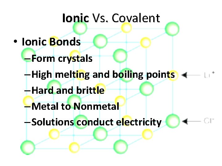 Ionic Vs. Covalent • Ionic Bonds – Form crystals – High melting and boiling