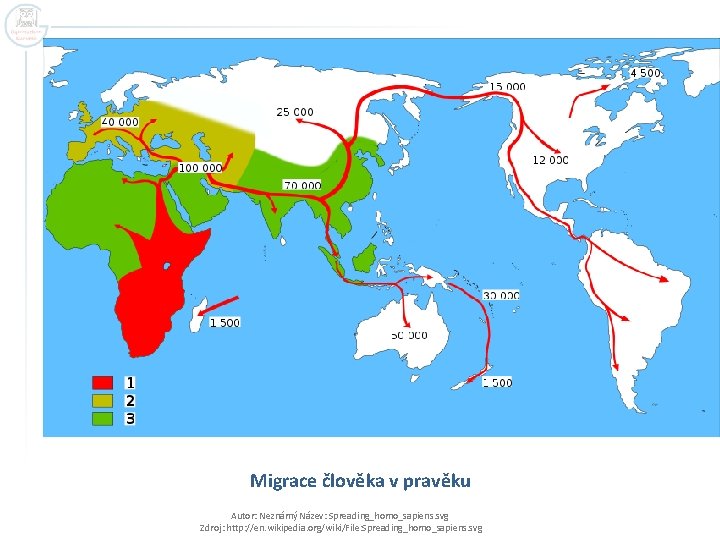 Migrace člověka v pravěku Autor: Neznámý Název: Spreading_homo_sapiens. svg Zdroj: http: //en. wikipedia. org/wiki/File: