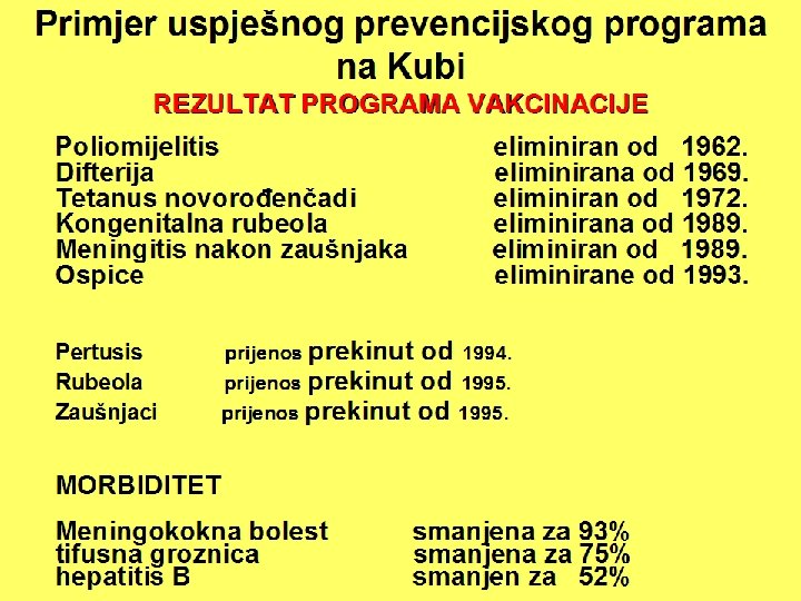 Primjer uspješnog prevencijskog programa na Kubi REZULTAT PROGRAMA VAKCINACIJE Poliomijelitis eliminiran od 1962. Difterija