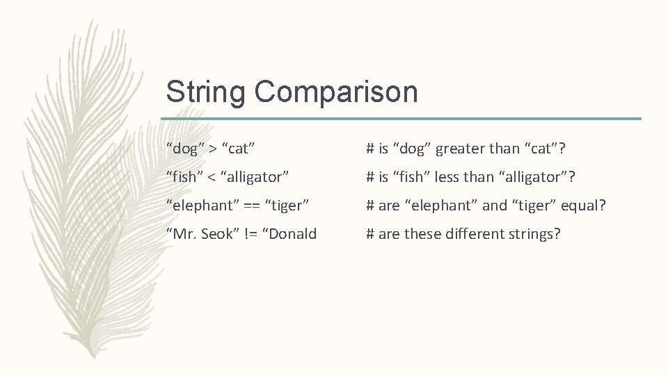 String Comparison “dog” > “cat” # is “dog” greater than “cat”? “fish” < “alligator”
