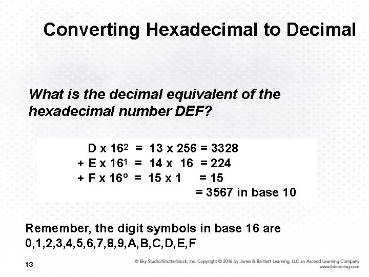 Converting Hexadecimal to Decimal What is the decimal equivalent of the hexadecimal number DEF?