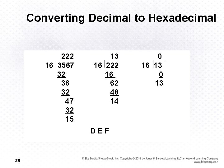 Converting Decimal to Hexadecimal 222 13 0 16 3567 16 222 16 13 32