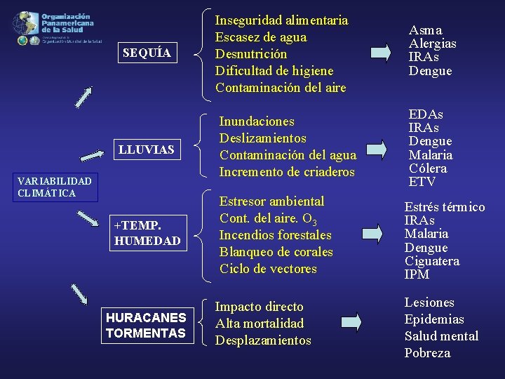 SEQUÍA LLUVIAS VARIABILIDAD CLIMÁTICA +TEMP. HUMEDAD HURACANES TORMENTAS Inseguridad alimentaria Escasez de agua Desnutrición