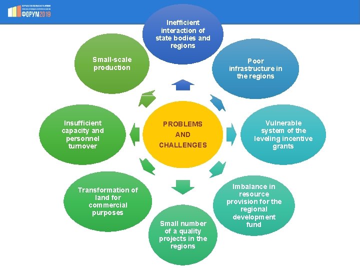 Inefficient interaction of state bodies and regions Small-scale production Insufficient capacity and personnel turnover