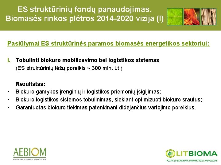 ES struktūrinių fondų panaudojimas. Biomasės rinkos plėtros 2014 -2020 vizija (I) Pasiūlymai ES struktūrinės