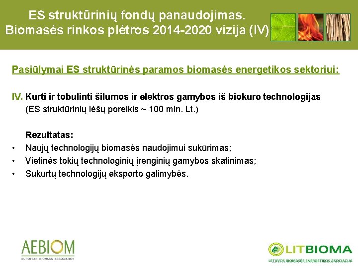 ES struktūrinių fondų panaudojimas. Biomasės rinkos plėtros 2014 -2020 vizija (IV) Pasiūlymai ES struktūrinės