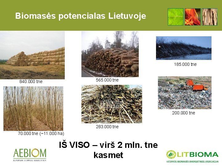 Biomasės potencialas Lietuvoje 185. 000 tne 565. 000 tne 840. 000 tne 200. 000