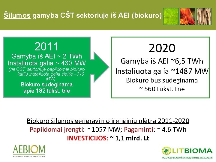 Šilumos gamyba CŠT sektoriuje iš AEI (biokuro) 2011 Gamyba iš AEI ~ 2 TWh