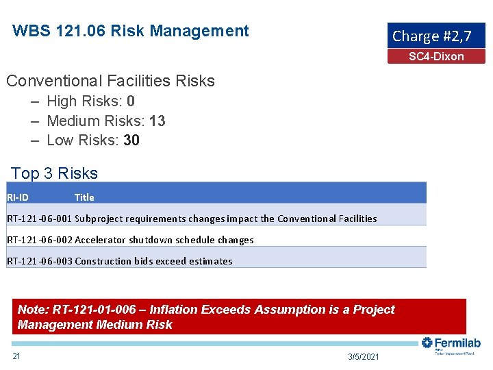 WBS 121. 06 Risk Management Charge #2, 7 SC 4 -Dixon Conventional Facilities Risks