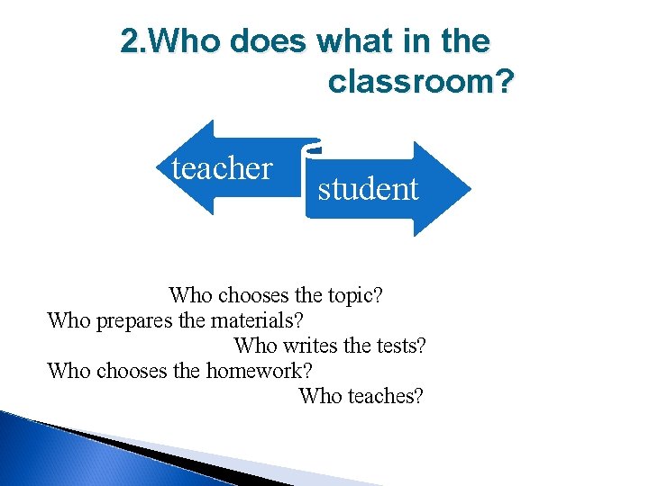 2. Who does what in the classroom? teacher student Who chooses the topic? Who