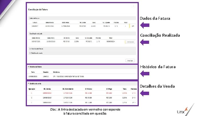 Dados da Fatura Conciliação Realizada Histórico da Fatura Detalhes da Venda Obs. : A