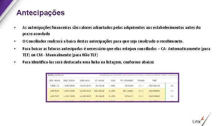 Antecipações • As antecipações financeiras são valores adiantados pelas adquirentes aos estabelecimentos antes do