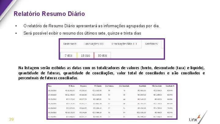 Relatório Resumo Diário • O relatório de Resumo Diário apresentará as informações agrupadas por