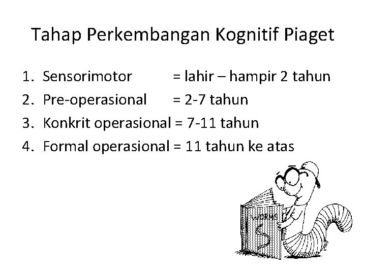 Tahap Perkembangan Kognitif Piaget 1. 2. 3. 4. Sensorimotor = lahir – hampir 2