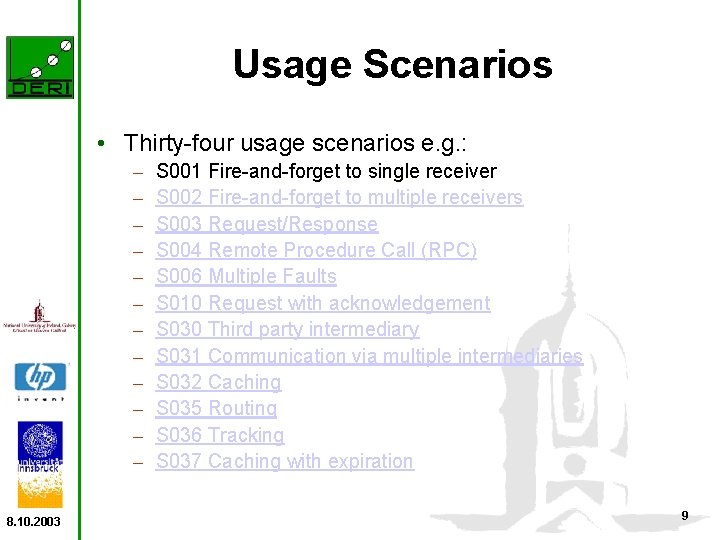 Usage Scenarios • Thirty-four usage scenarios e. g. : – – – 8. 10.