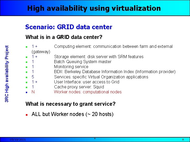 High availability using virtualization Scenario: GRID data center 3 RC High availability Project What