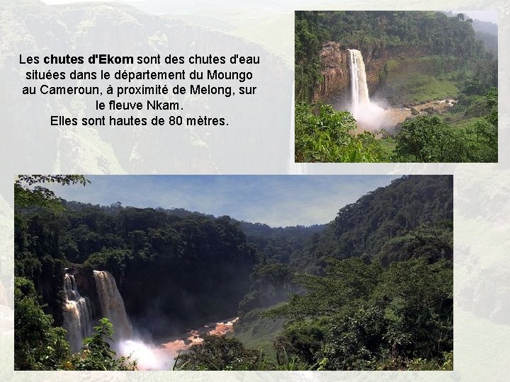 Les chutes d'Ekom sont des chutes d'eau situées dans le département du Moungo au