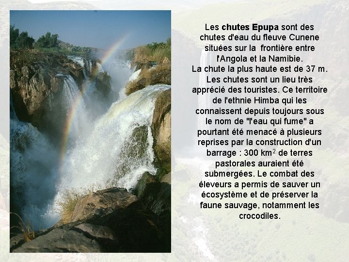 Les chutes Epupa sont des chutes d'eau du fleuve Cunene situées sur la frontière