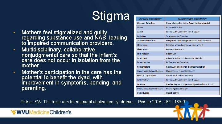 Stigma • • • Mothers feel stigmatized and guilty regarding substance use and NAS,
