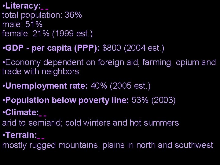  • Literacy: total population: 36% male: 51% female: 21% (1999 est. ) •